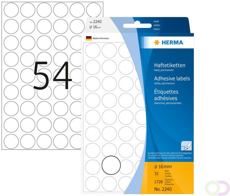 Herma Multipurpose-etiketten Ã 16 mm rond wit permanent hechtend om met de hand te